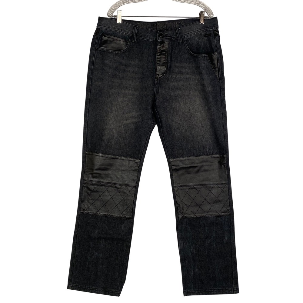 Akademiks Jeans Men's 36x32 Black Denim with Faux Leather Accents‎